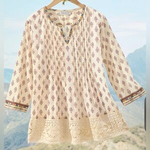 Coldwater Creek Saffron Road Tunic Women XL crochet knit cream boxy cotton